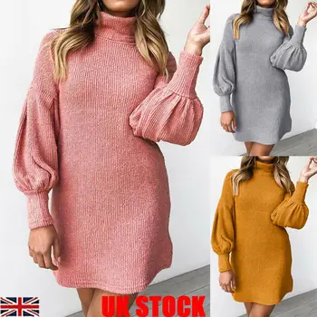 

Womens Turtle Neck Long Sleeve Sweater Dress Ladies Loose Knitted Pullover Tops