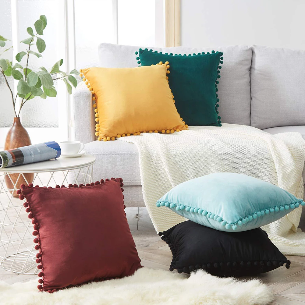 Pillow Cover Velvet Soft Decorative Case 4 Colors Pillowcase Home Decor With Balls For Sofa Bed Car 45x45cm | Дом и сад