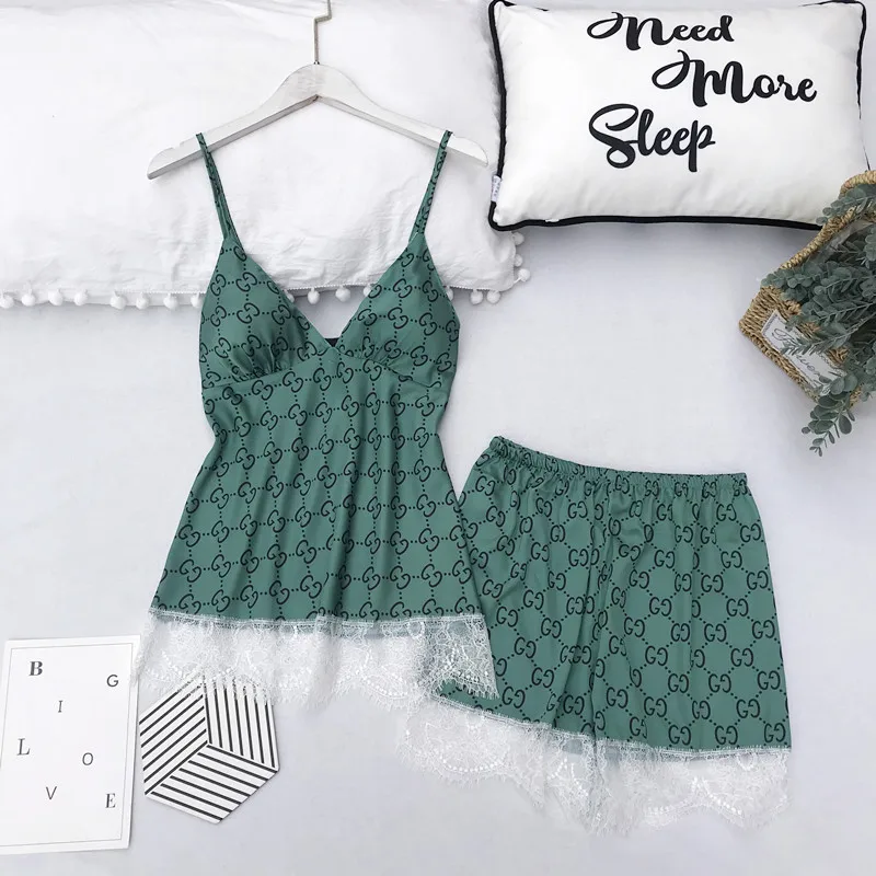 

FZSLCYIYI Ladies Sexy Silk Satin Sleepwear Sleeveless Pyjama V-neck Pijama Pajama Set Sleep Wear Lace Nightwear For Women