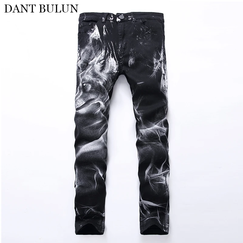 Men's Fashion Wolf Printed Jeans Slim Fit Black Stretch Jeans High Quality Skull Printing Designer Pants For Homme Denim