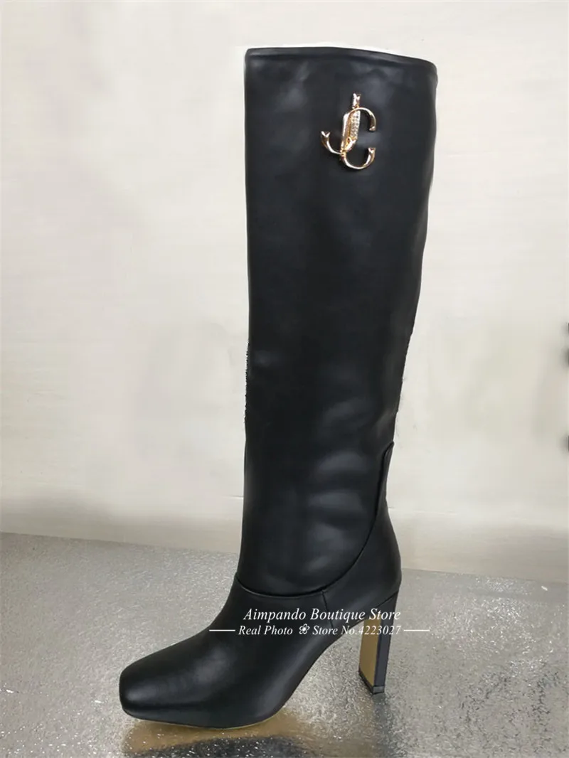 Fashion Boots Women Elegant Square Toe Slim Knee High Slip On Bottes Concise Solid Chunky Square High Heel Boots Woman 43