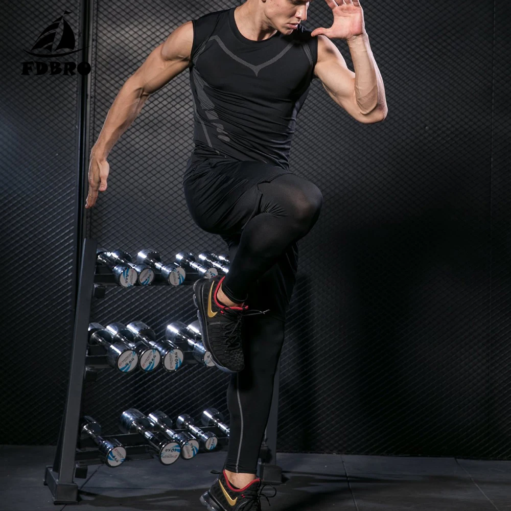 FDBRO Men's Compression Set Running Tights Workout Fitness Training Tracksuit Shirts Sport Suit Kit Running Gym Shirt Men