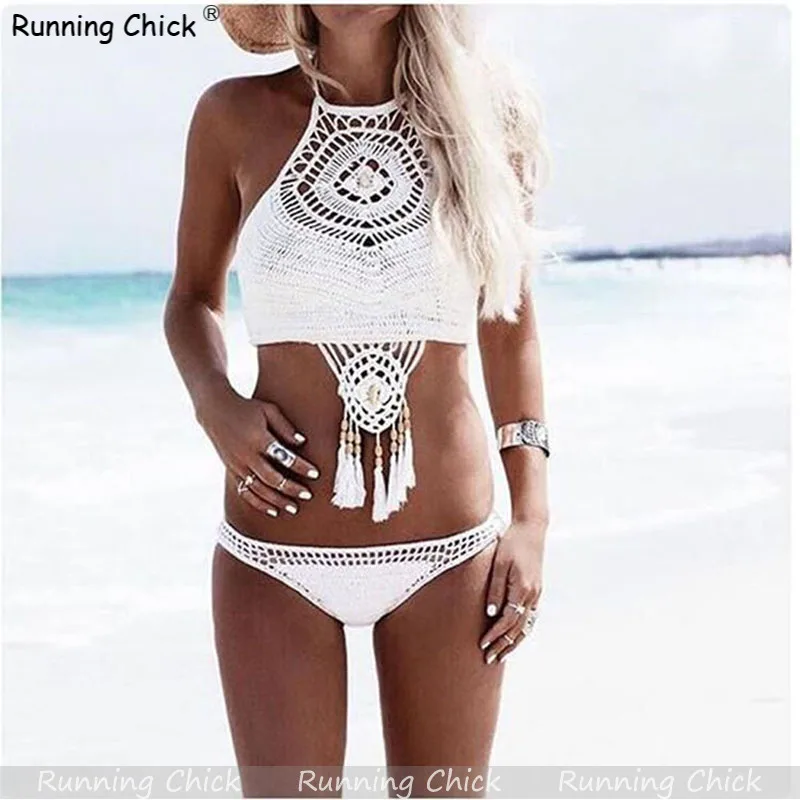 

Cross Border Hot Sale Strap Hollow Bikini Ladies Hand Knitted Split Swimsuit Swimwear