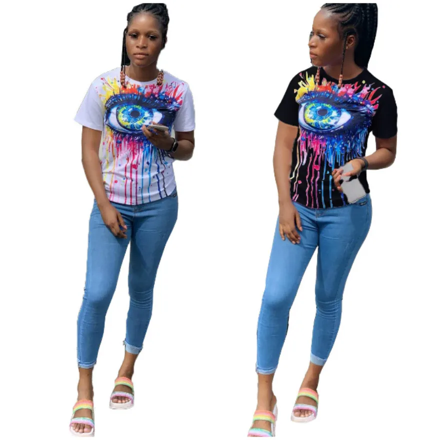 

Colorful Eye Pattern Printed Girls Fashion T Shirts Summer White Black Short Sleeves Crew Neck Cotton Women Tees Tops