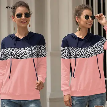 

Women Patchwork Long Sleeve Hoodies Autumn Winter Leopard Casual Sweatshirts Fashion Outwear Pullover Tops Hooded Sweatshirt