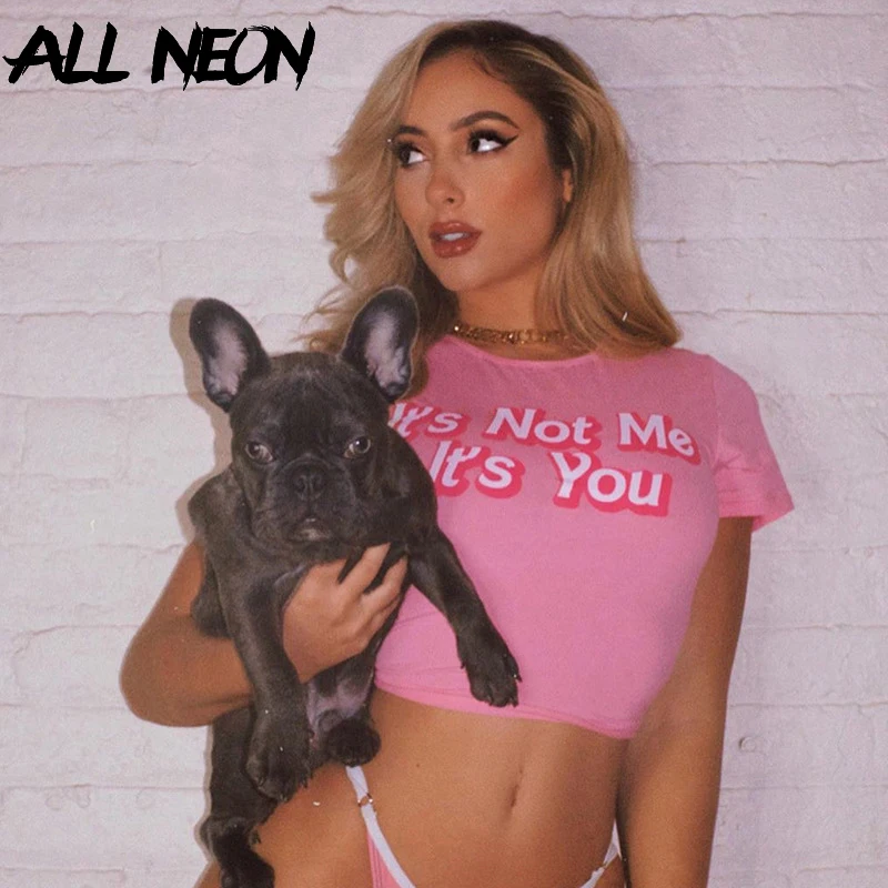 

Sweet Pink T Shirts Letter Printing Front O-Neck Shorts Sleeve Cropped Tees Fashion Ladies T-shirts Egirl Style Spring 2020