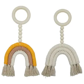 

Weaving Rainbow Hanging Baby Teether Toys Crochet Wooden Ring Infant Shower Gift