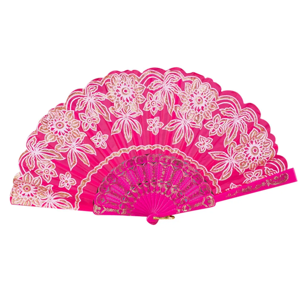 Новинка, китайский/Испанский стиль, для танцев, свадьбы, вечеринки, кружевное, шелковое, складное, ручной, с цветами, веер - Цвет: Hot Pink