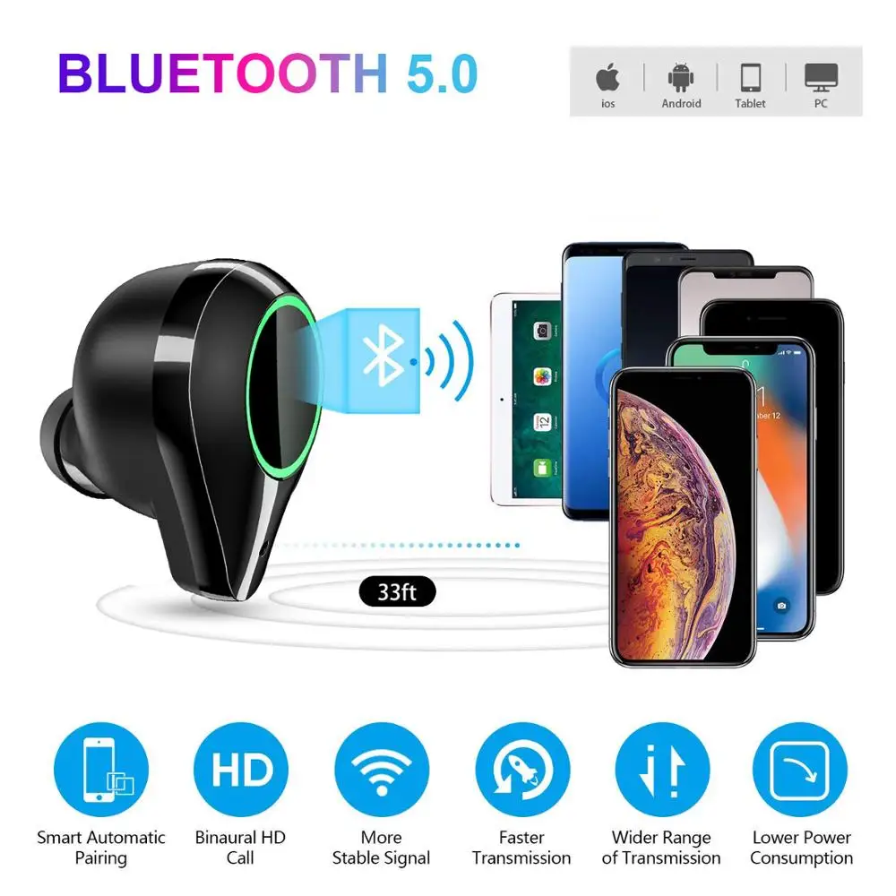 T9 TWS Wireless Bluetooth Earphones 9D Stereo IPX7 Waterproof 7000mAh LED Smart Power Bank Earphones Phone Holder