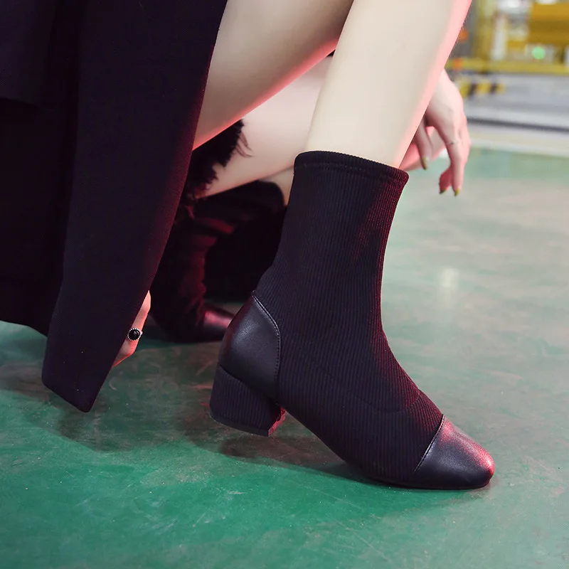 Лоскутные носки bottes femme; вязаные Ботинки martin; botines; плюшевые зимние женские ботинки; Ботинки Челси до середины голени; Новинка; эластичная обувь