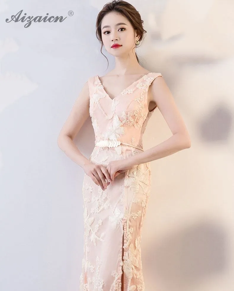 Хост V образным вырезом Cheongsam розовые длинные вечерние платья Qi Pao Для женщин традиционное китайское платье Qipao Продвижение вечерние Халат