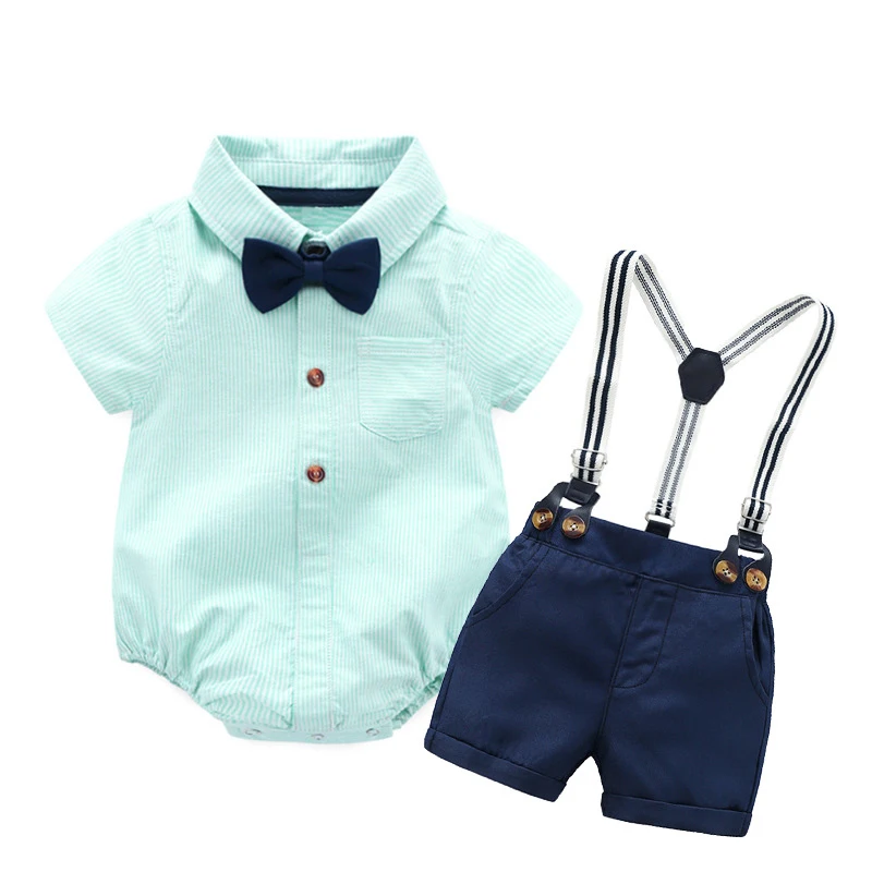 Bébé garçon vêtements barboteuse + nœud + Short bleu marine + bretelles ceinture ensembles vêtements pour bébés tenue courte