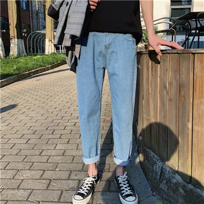 straight skyblue Модные мужские Стрейчевые высокоэластичные джинсы свободного кроя хлопковые джинсовые брюки прямые брюки корейские Студенческие Брюки для отдыха - Цвет: straight skyblue
