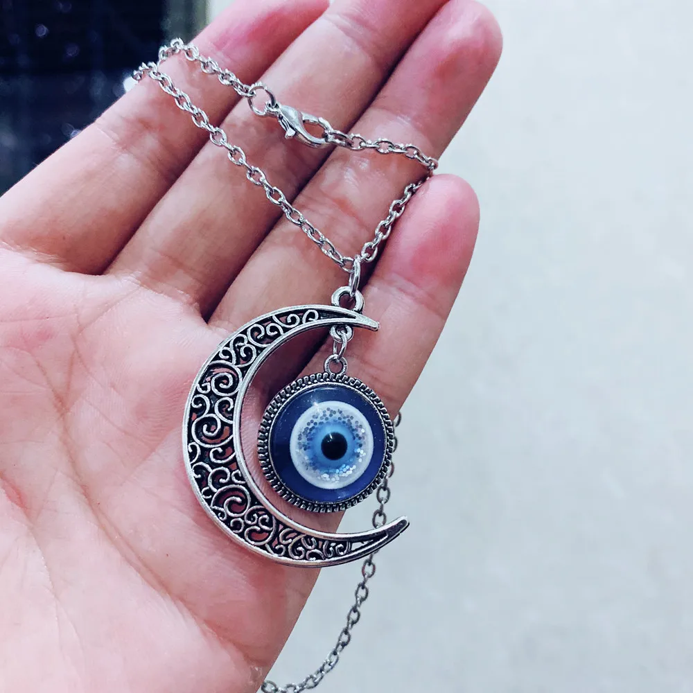 Retro Fashion Turkish Symbol Evil Blue Eyes Pendant Bead Pendant Moon  Jewelry Vintage Women Men Charm Stainless Steel Chain - Necklace -  AliExpress