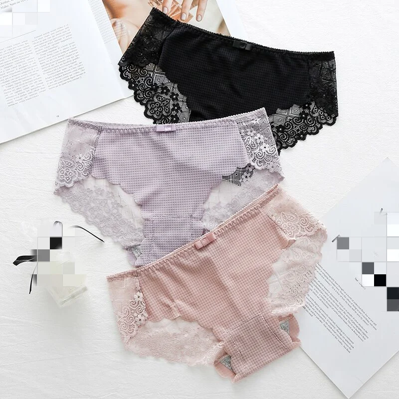 

Sexy Women's Panties Sets Only Pink Ice Silk Lace Transparent Briefs Light Breathable Seamless Underpants Low Waist Underwear