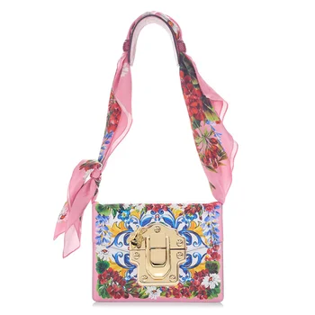 

2020 Fashion New Printed Small Square Bag Women's Shoulder Small Bag Simplicity Leather Lock Handbag Lucky Flower Female Bag