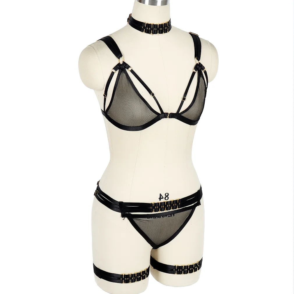 Ladies black lace sling set bra perspective short cage bra sling sexy body bondage goth Harajuku sling belt handmade body sling