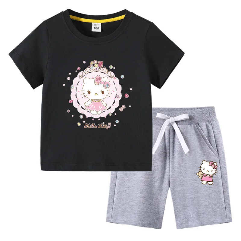 thumbnail image 1 of Hello Kitty-Camiseta de algodón con estampado de dibujos animados para niños y niñas, traje de dos piezas con pantalones de manga corta, verano, 1 of 5