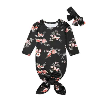 

0-6M Newborn Kid Baby Girls Boys Nightgowns Elegant Floral Sleeping Bag Headband Cute lovely Sweet Sleepwear