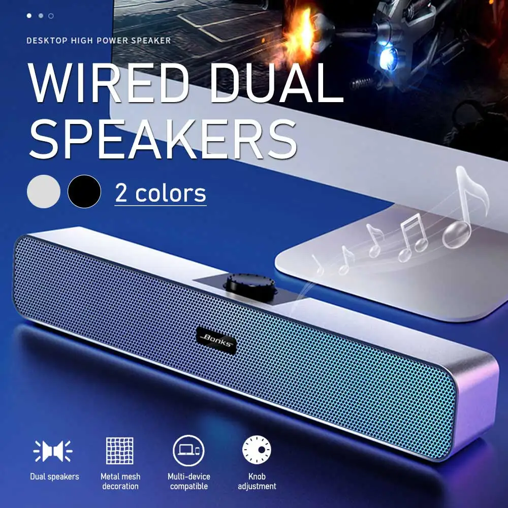 

Dual Channel Loudspeakers Portable Laptop PC Speaker Subwoofer USB Wired Soundbar Adjustable Volume Hifi Music Player Speakers