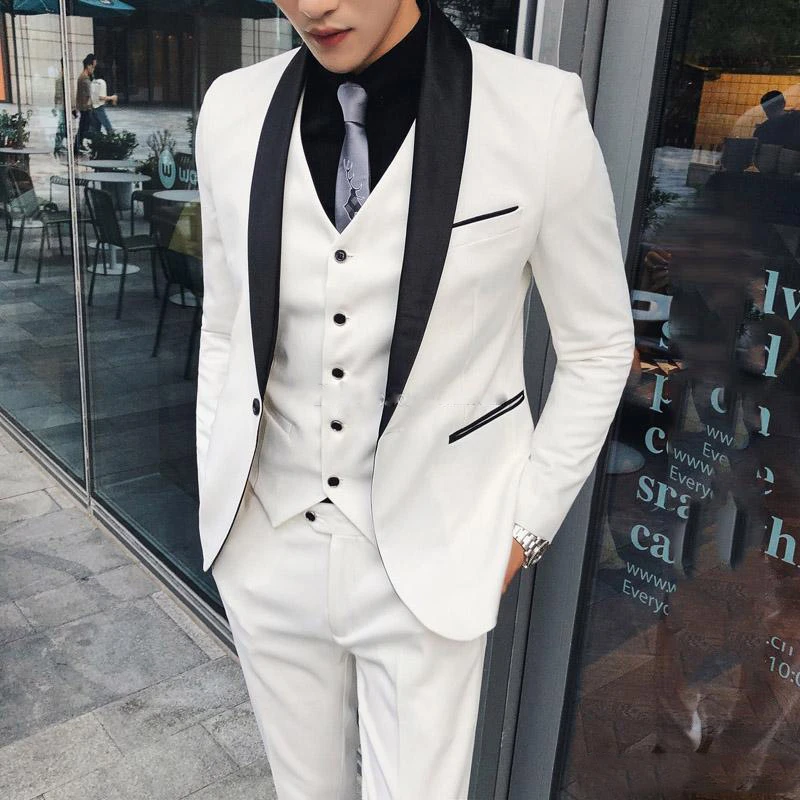 Traje blanco boda para hombre, de un botón con solapa de chal negro, esmoquin ajustado para fiesta de graduación, chaleco, pantalones de 3 - AliExpress