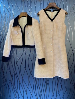 

Fall/Winter 2020 new women's dress leader color matching border lapel woolen coat V-neck sleeveless dress set 913