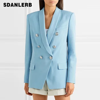 

Blue Blazer Women Double-breasted Blazers Business Suit Jacket Women's Classic Short Blazers Ol Coat Plus Size Feminino