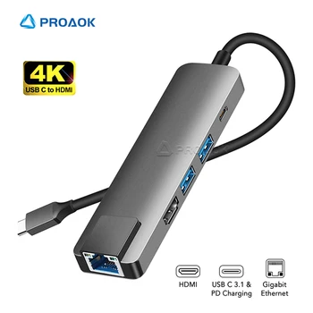 

4K USB Type C Hub to Gigabit Ethernet Rj45 Lan 5 in 1 USBC Hub to HDMI USB3.0 Adapter for Mac book Pro Thunderbolt 3 Converter