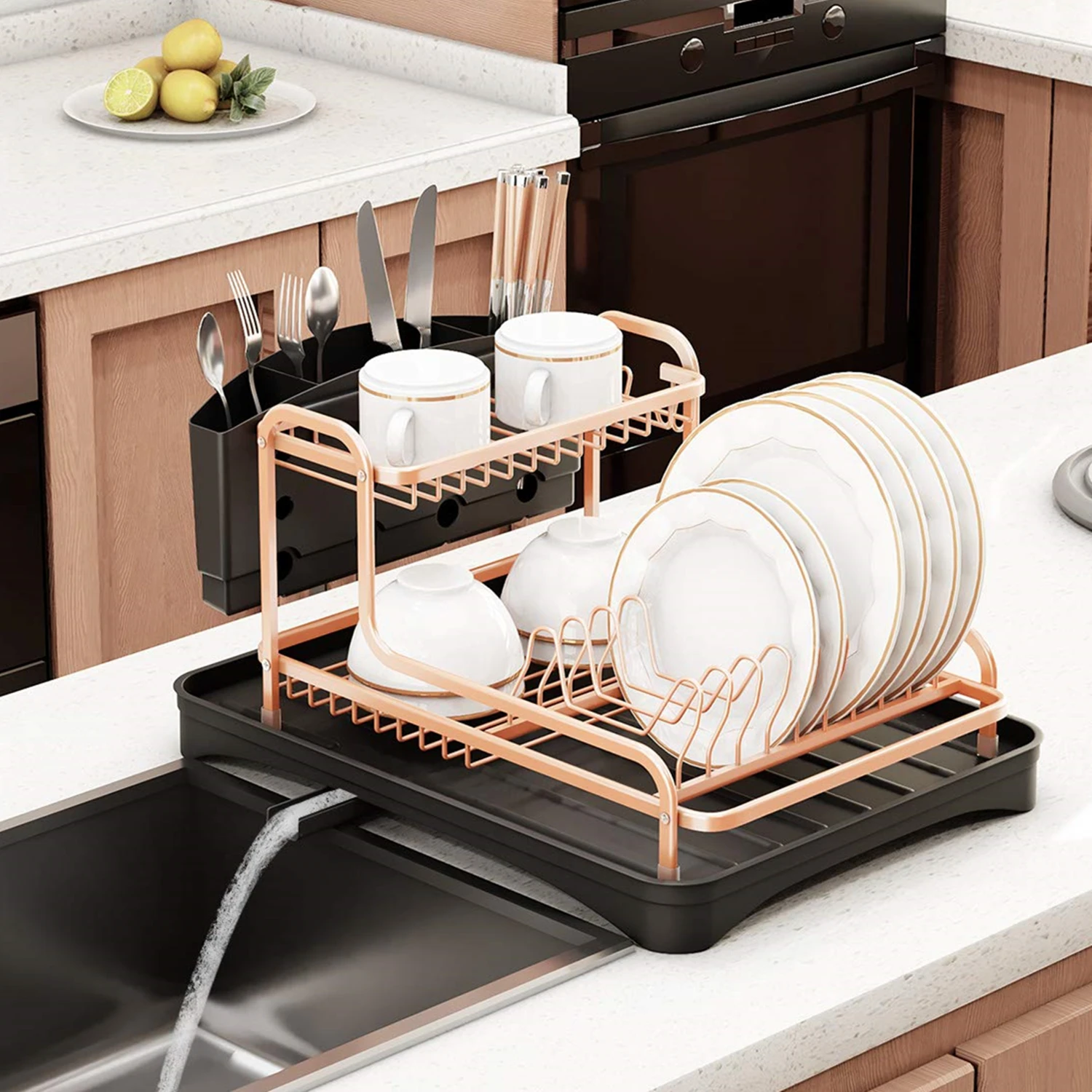 2 Tier Dish Rack Drainer Rose Gold Kitchen Sink Organiser Cutlery Holder