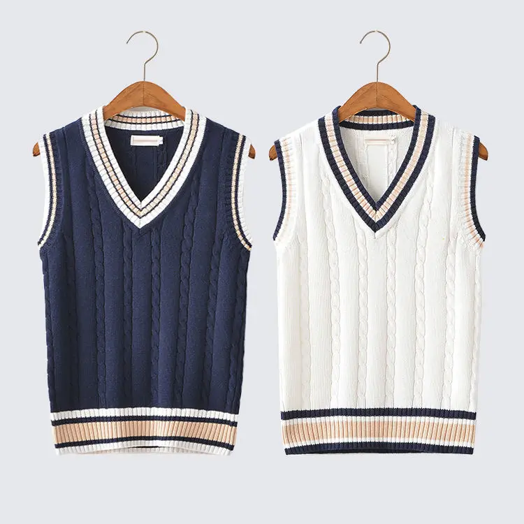 Thickened V-neck pullover wool vest men's large size sleeveless sweater vest women's college style wool knitted waistcoat Cotton