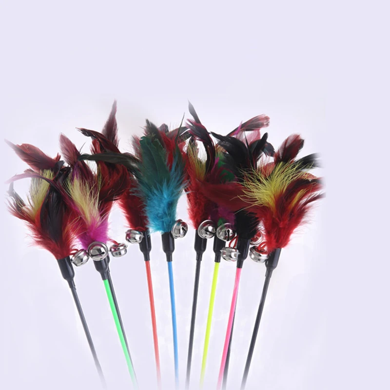 1PCS Cat Toys Cat Stick Feather With Small Bell Natural Like Birds Random Color Black Coloured Pole