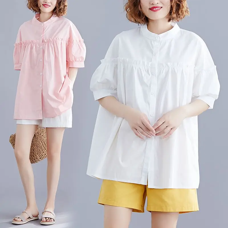 

2019 Summer Wear New Style Korean-style Literature And Art Solid Color Short-sleeved Shirt Fat Mm Slimming Comfortable Crew Neck
