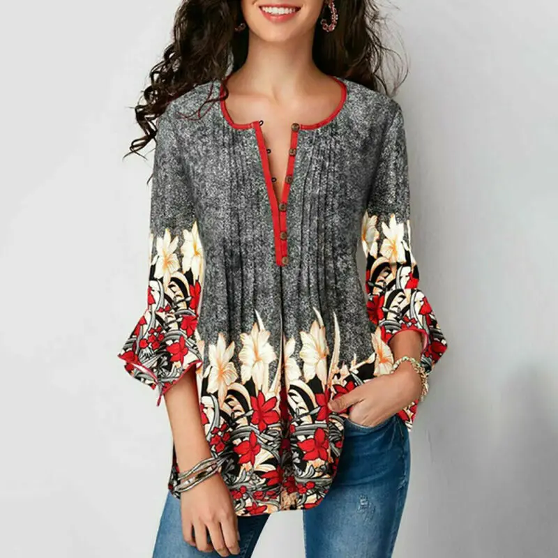 Autumn Elegant Women Ladies Boho Floral Loose Top Shirt 3/4 Sleeve Plus Size Tunic Blouse S-2XL tunic tops s-2xl size