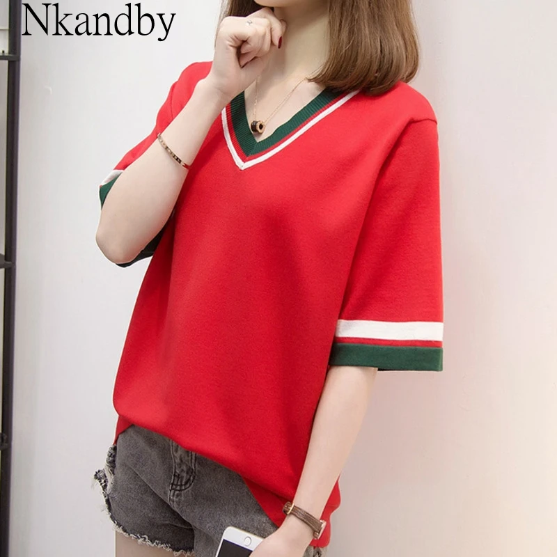 

Plus Size Knitted Pullover Tops Tees 2020 New Spring Summer Women Trendy V Neck Short Sleeve T-shirt Patchwork Loose Knit Tshirt