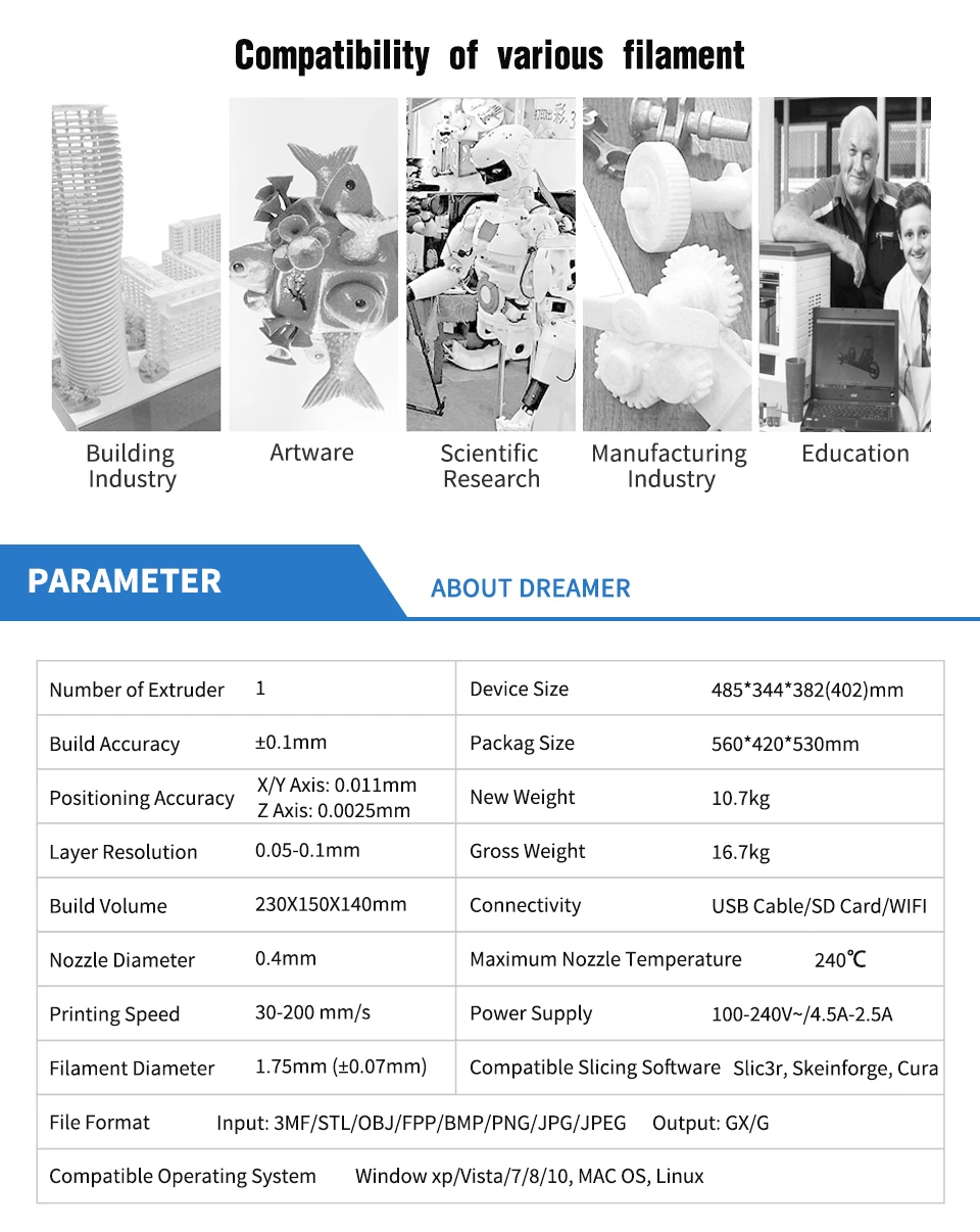 3 d printer Flashforge Dreamer NX 3D Printer Fully Assembled 240℃ High Temp Single Extruder Work with PLA, TPU 95A, ABS, PETG for Family Use best 3d printer