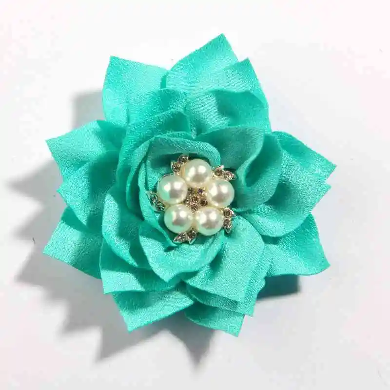 Turquoise 120 шт 7,5 см 2,9" милые цветы в виде листьев лотоса ручной работы с жемчугом, стразы, украшение для повязки на голову, атласный тканевый цветок для волос - Цвет: Turquoise