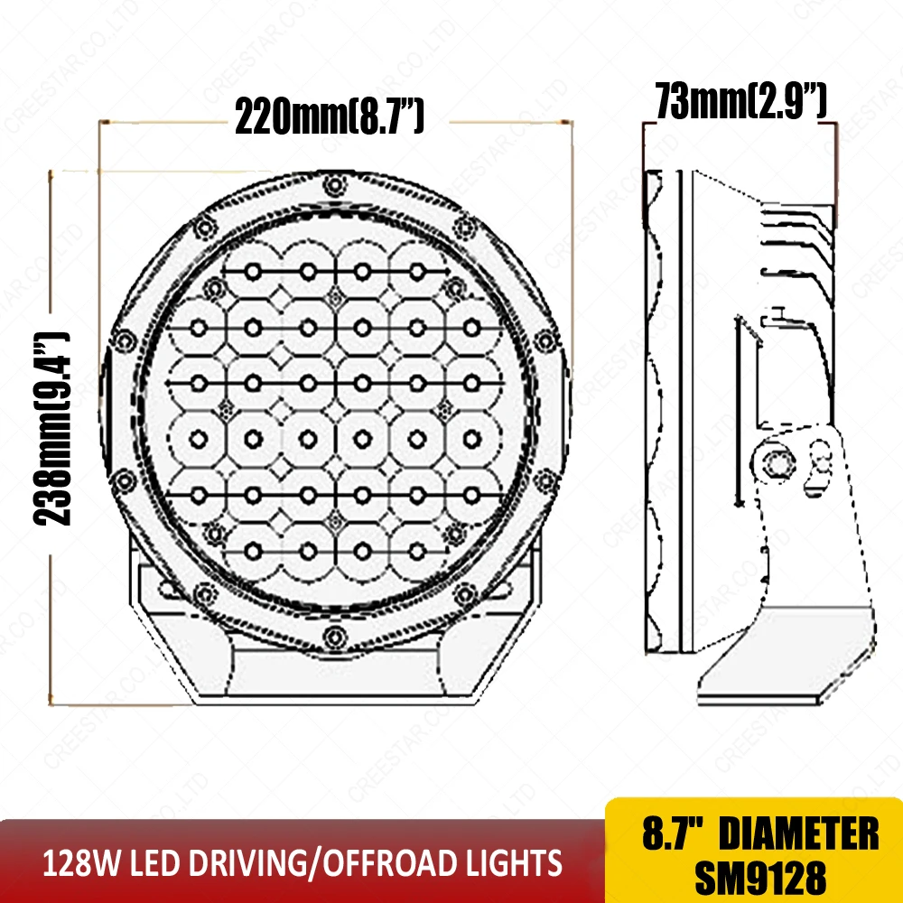 High quality 4X4 offroad vehicle 9 inch LED driving work light 128W LED work light x2pcs/lots Free shipping