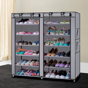 

New 6-Row 2-Line 12 Lattices Non-woven Fabric Shoe Rack Gray