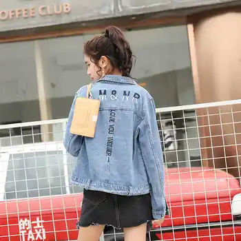 

Fashion Korea Letter Basic Jeans Jackets Bomber Autumn Jacket Women Denim Coat Female Turndown Collar Streetwear