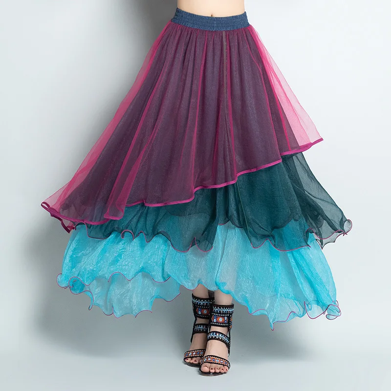 

KYQIAO boho skirts womens autumn spring Mexico style hippie ethnic long asymmetric multilevel skirt jupe femme