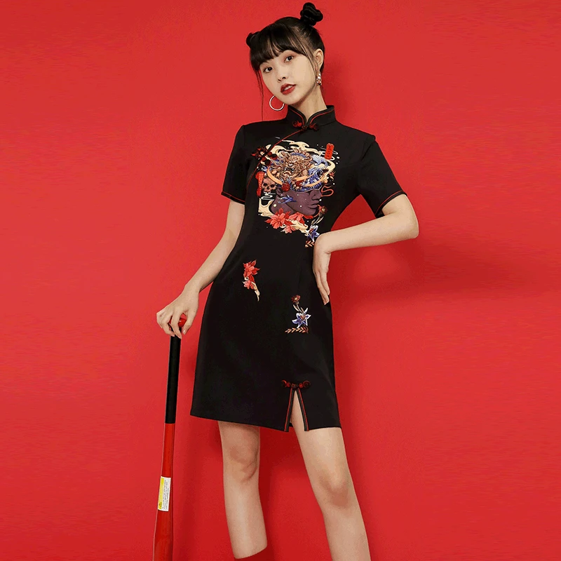 

Chinese Traditional Dress For Girls Black Fashion Cool Cheongsam For Woman Halloween Costumes Gothic Style Vintage