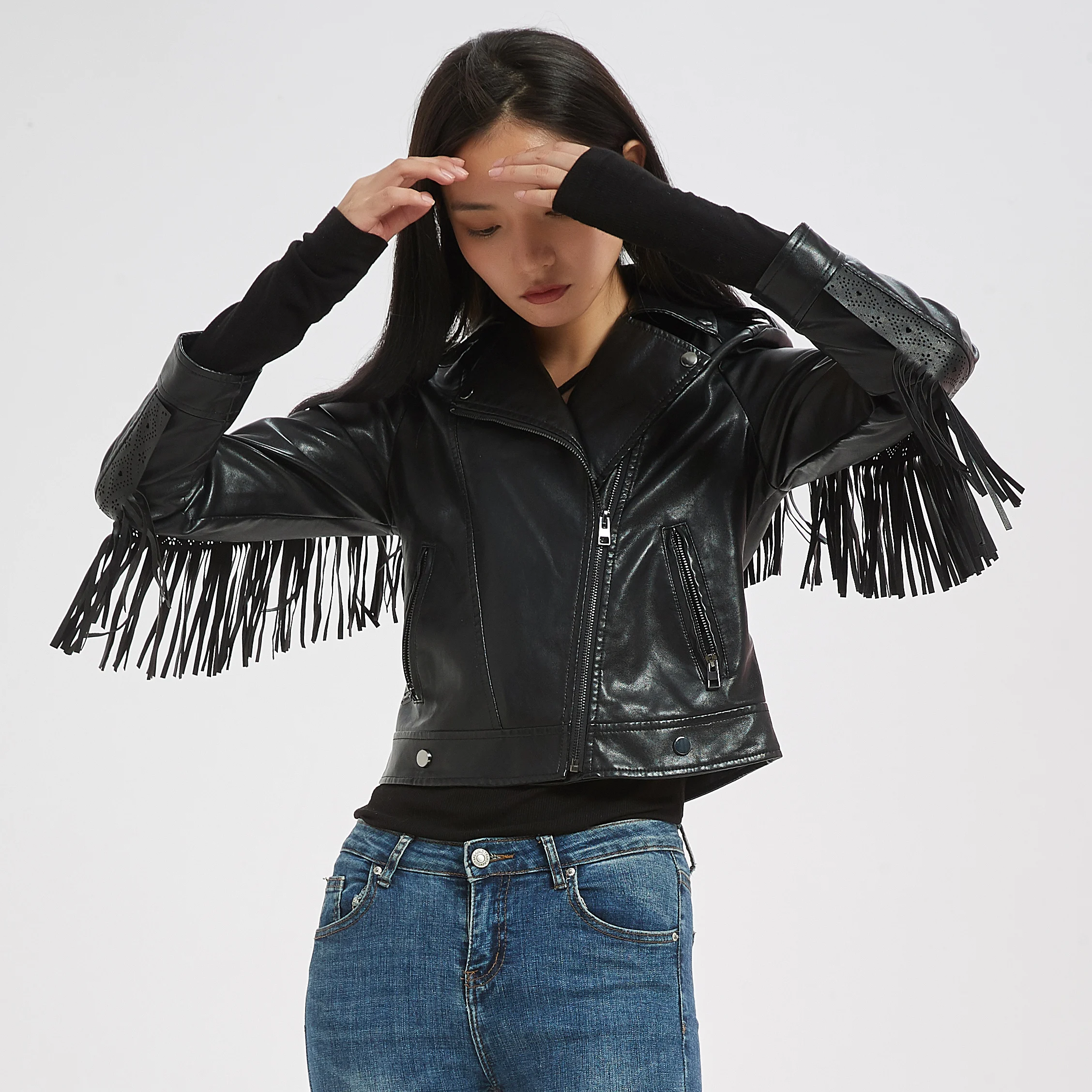 

Женская мотоциклетная куртка с бахромой, черная или коричневая куртка из искусственной овечьей кожи, верхняя одежда в стиле панк, Осень-зима 2021