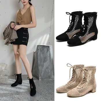

2020 square head coarse heel mesh mesh hollowed-out lace-up boots cool boots round point low heel boots