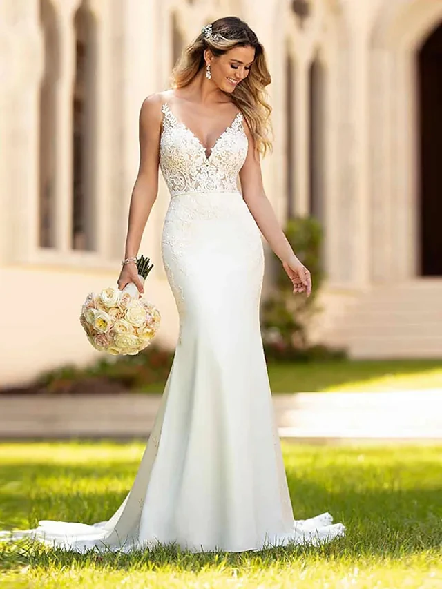 wedding gown 2022 New Mermaid Wedding Dress V Neck Spaghetti Strap Open Back Court Train Robe De Mariée mermaid wedding dress