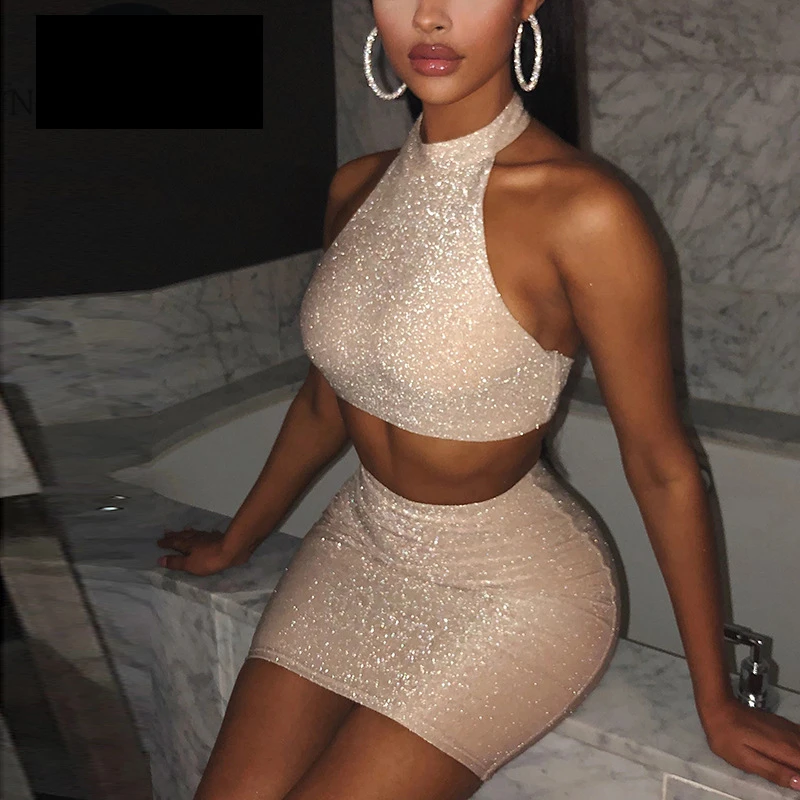 Two Piece Black Party skirt Women Sexy Backless Glitter set Pink Club Wear High Waist Bodycon two piece Summer |