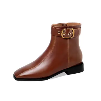 

100% Genuine Leather Thick low Heels Women Ankle Boots Fashion square Toe women Pumps Winter Retro Casual Party Shoes Woman