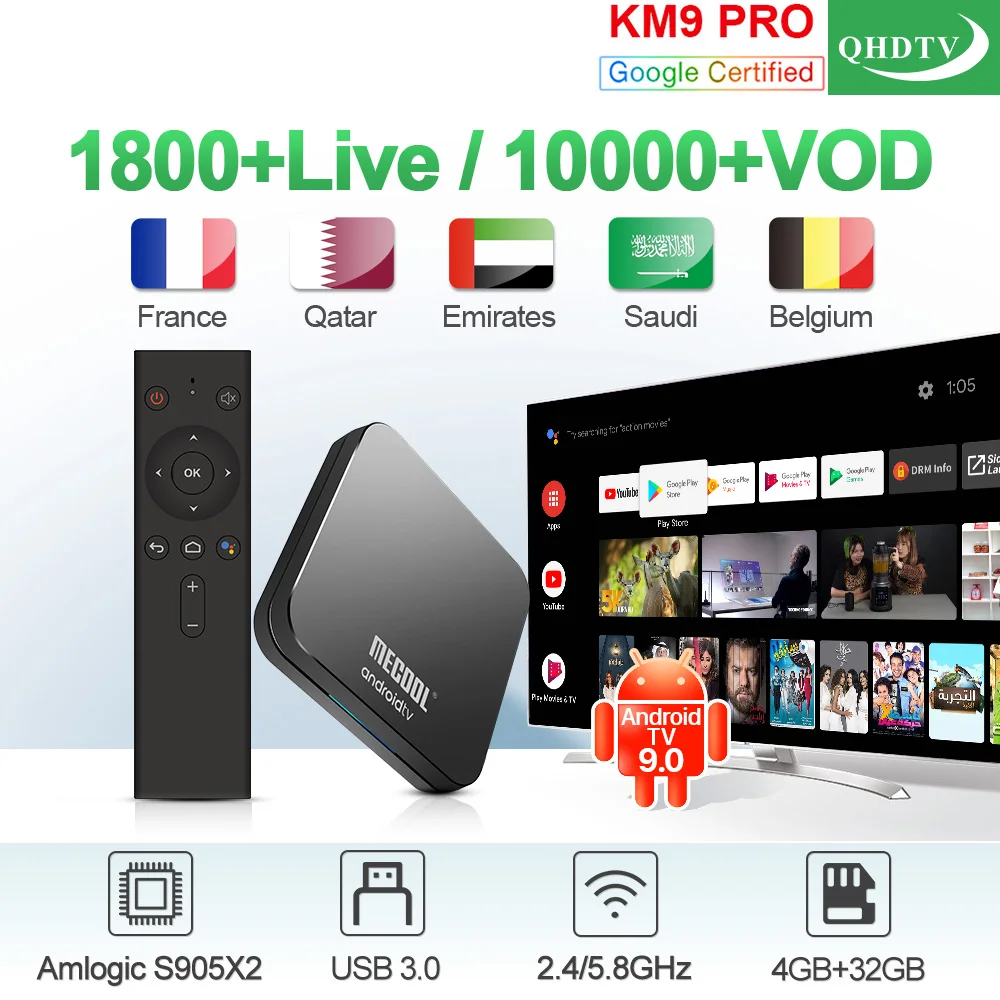 Арабский французский IPTV Франция, Бельгия, Нидерланды KM9 Pro Android 9,0 4G+ 32G BT двухдиапазонный Wi-Fi передатчик для интернет-телевидения, Марокко, Бельгия, арабский Франция