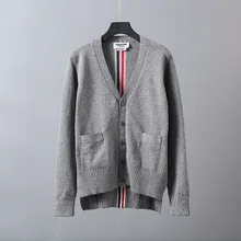 Модные брендовые мужские свитера TB Tom, приталенные кардиганы с v-образным вырезом, одежда в полоску из хлопка и шерсти, плотное зимнее повседневное пальто