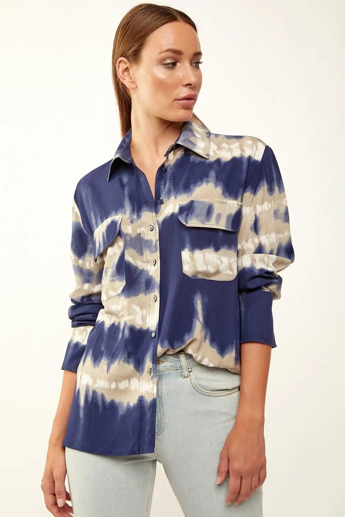 Happiness ist. Women's Navy Blue Tie Dye Pattern Viscose Shirt FN01401 |