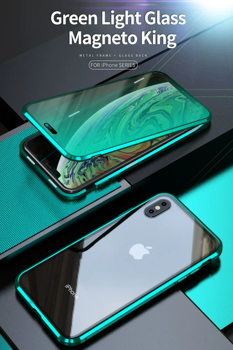 New Generation Tempered Glass Magnetic Full Cover Case for Iphone 6 6s 7 8 plus xs max Green Light Eye Protection technology |